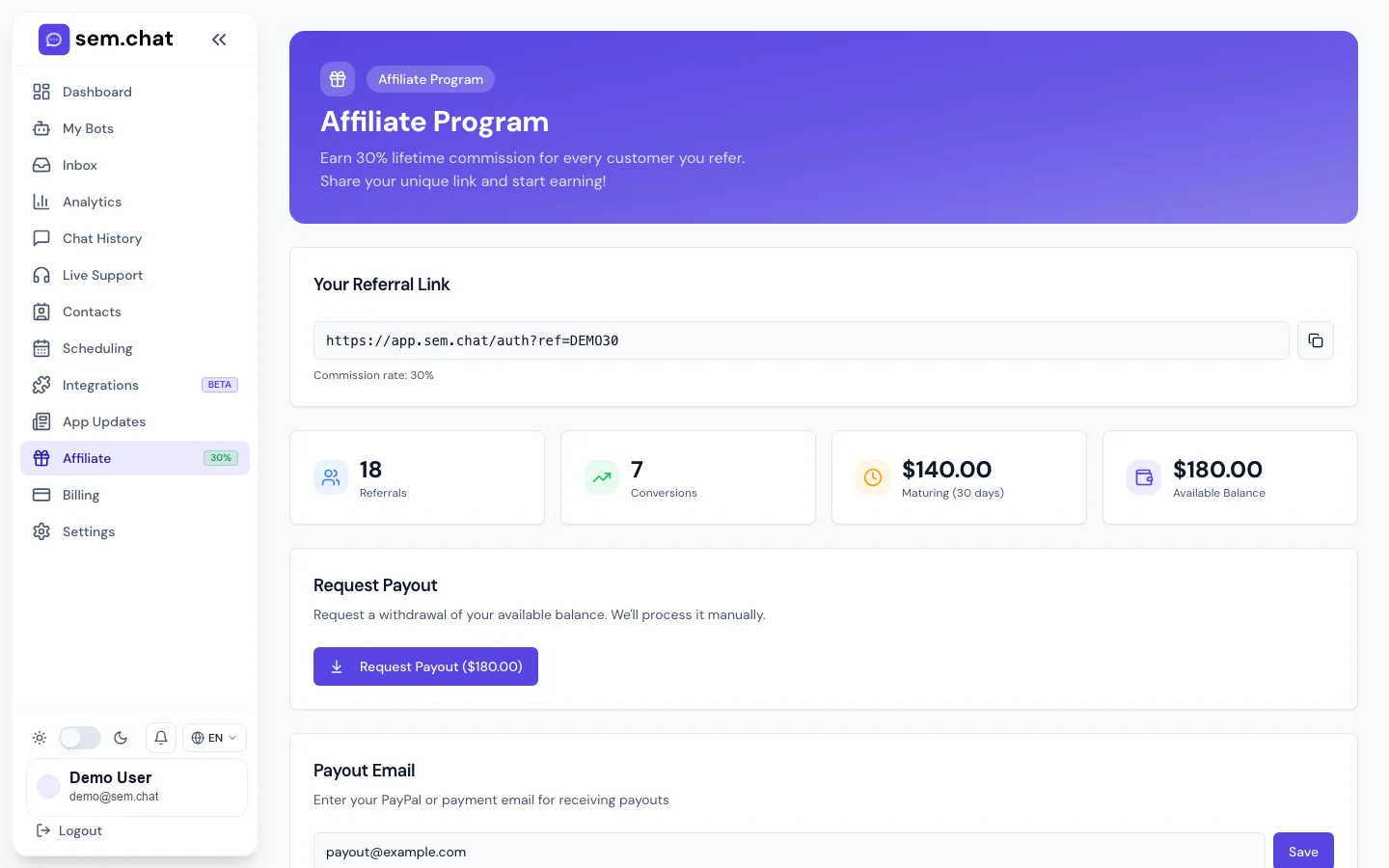 Echter sem.chat Demo-Arbeitsbereich-Screenshot von Affiliate