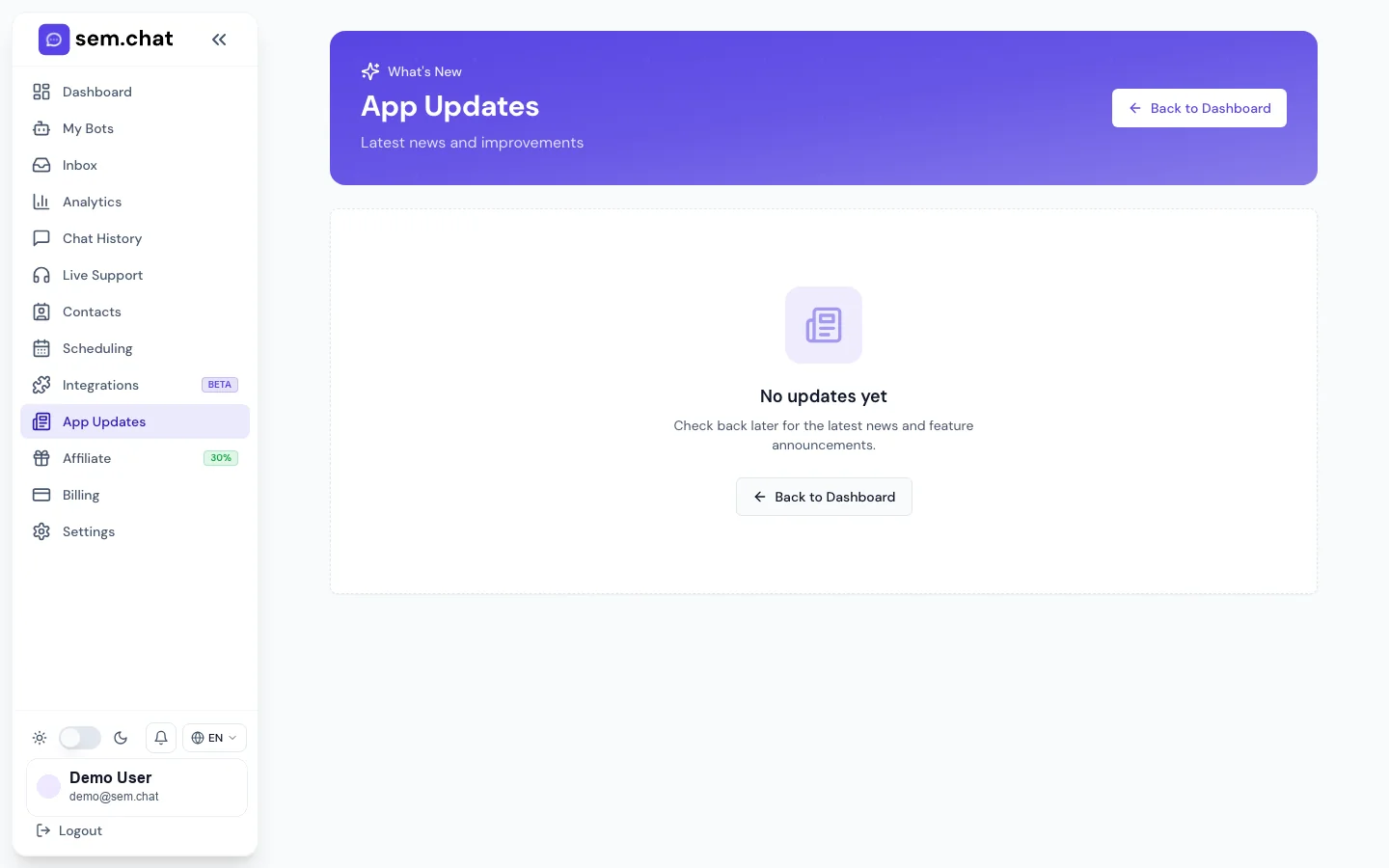 Echter sem.chat Demo-Arbeitsbereich-Screenshot von App-Updates