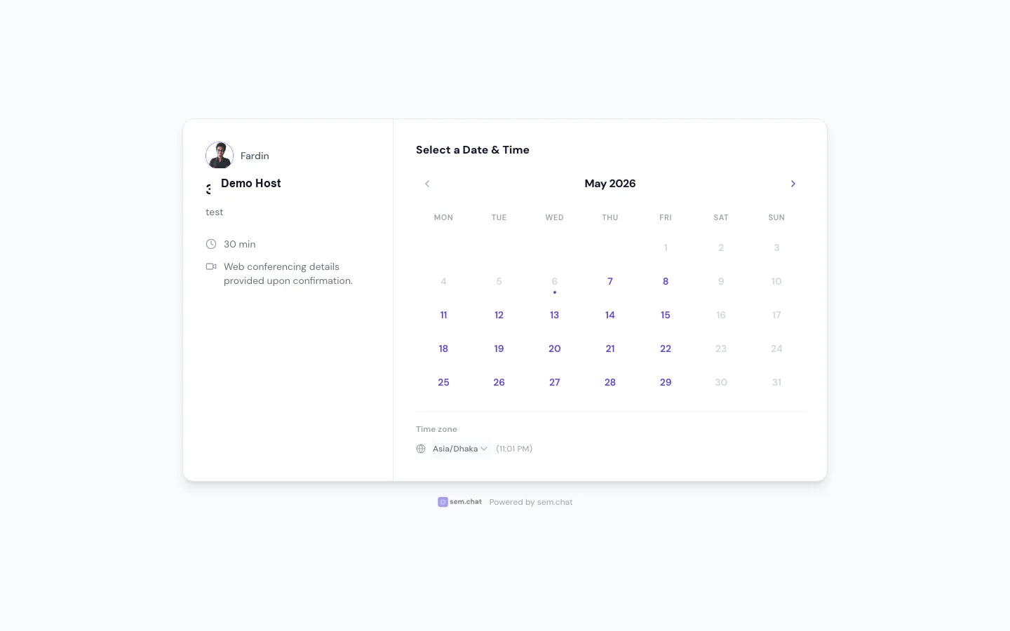 Echter sem.chat Demo-Arbeitsbereichs-Screenshot für Scheduling