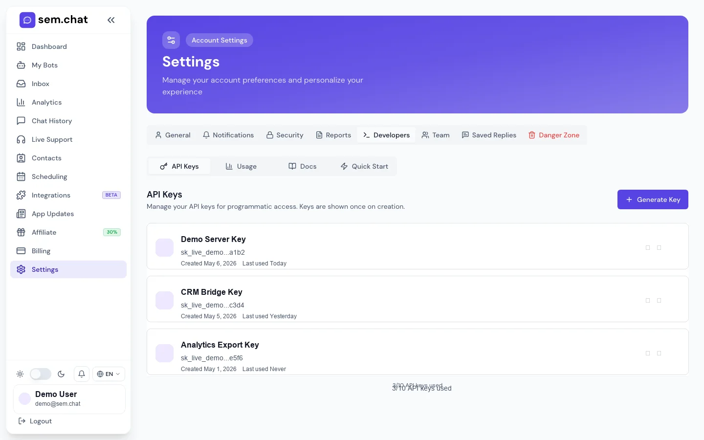 Echter sem.chat Demo-Arbeitsbereich-Screenshot für Entwickler