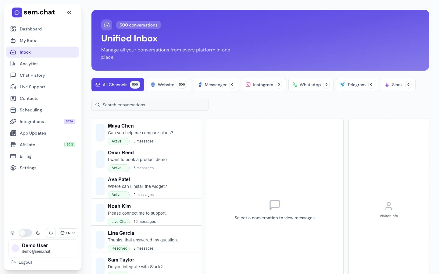 Echter sem.chat Demo-Arbeitsbereichs-Screenshot für Operations