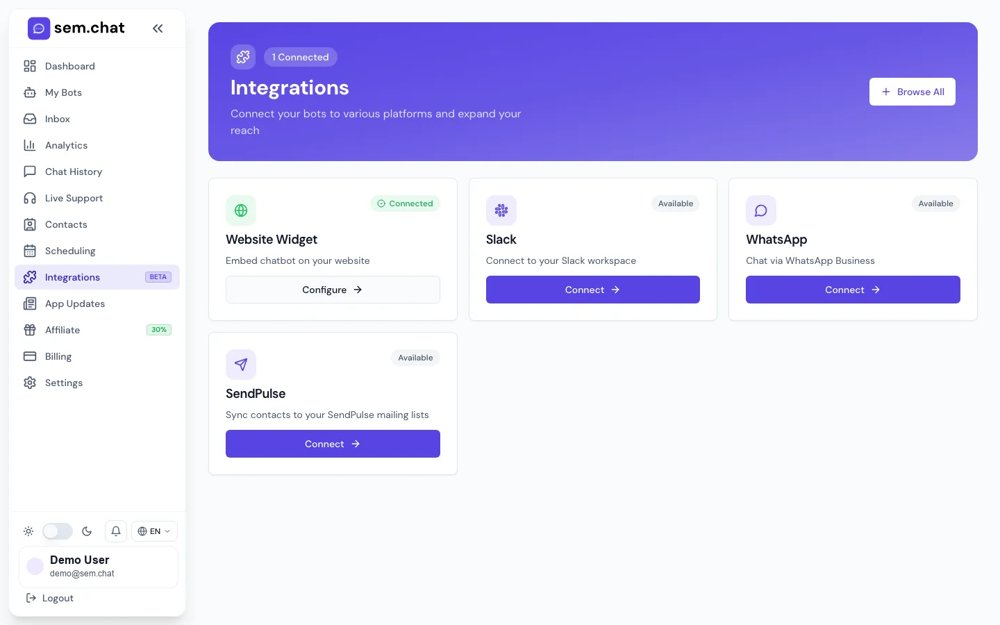 Echter sem.chat Demo-Arbeitsbereich-Screenshot von Integrationen
