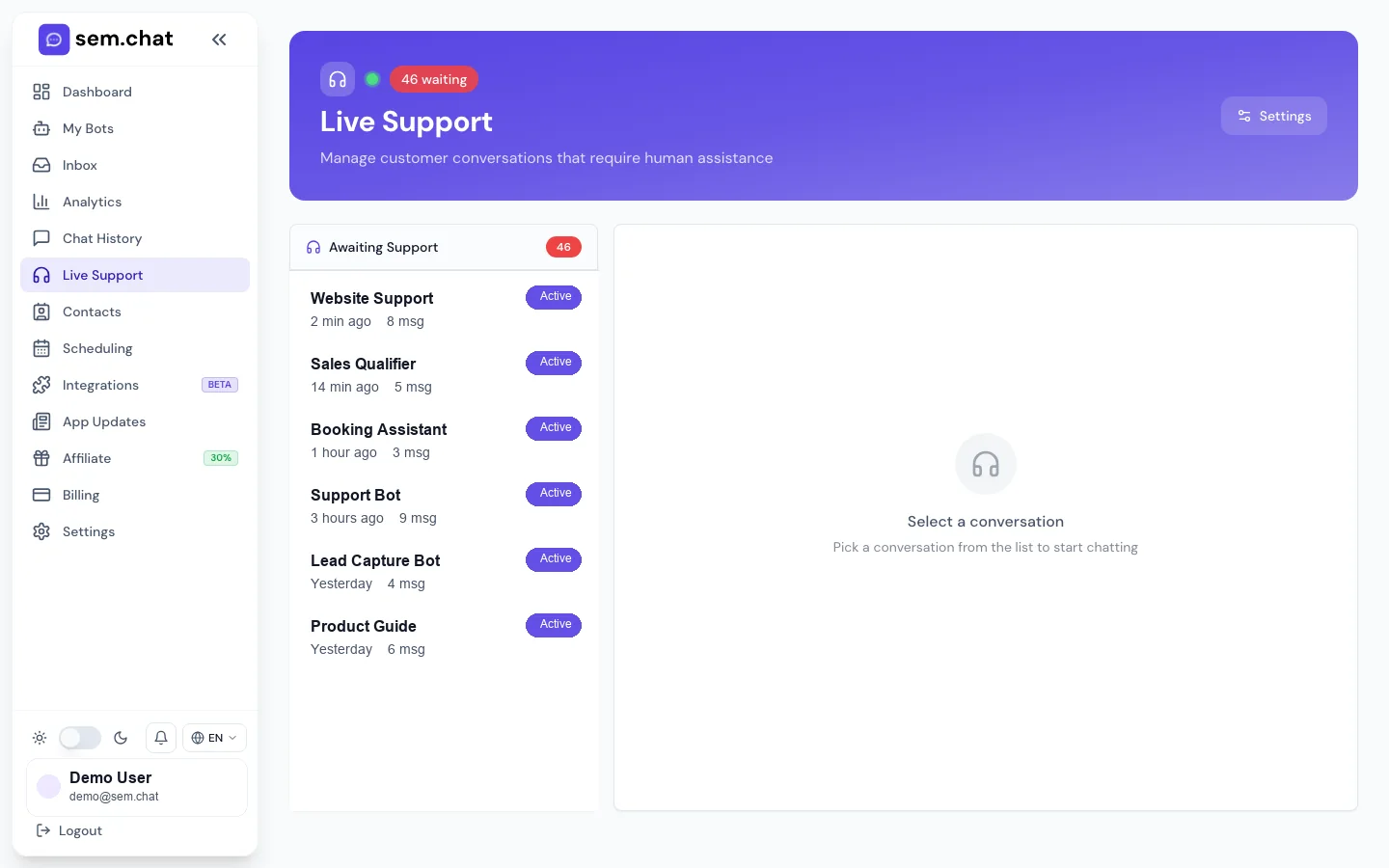 Echter sem.chat Demo-Arbeitsbereich-Screenshot von Live Support