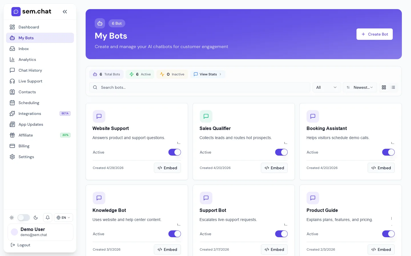 Echter sem.chat Demo-Arbeitsbereichs-Screenshot für Bots und Bot Builder