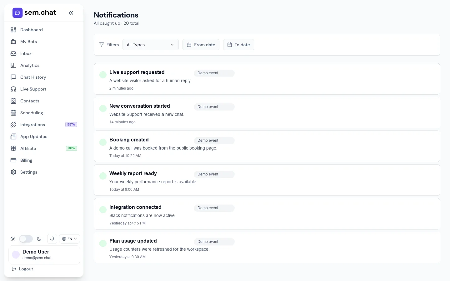 Echter sem.chat Demo-Arbeitsbereich-Screenshot von Benachrichtigungen