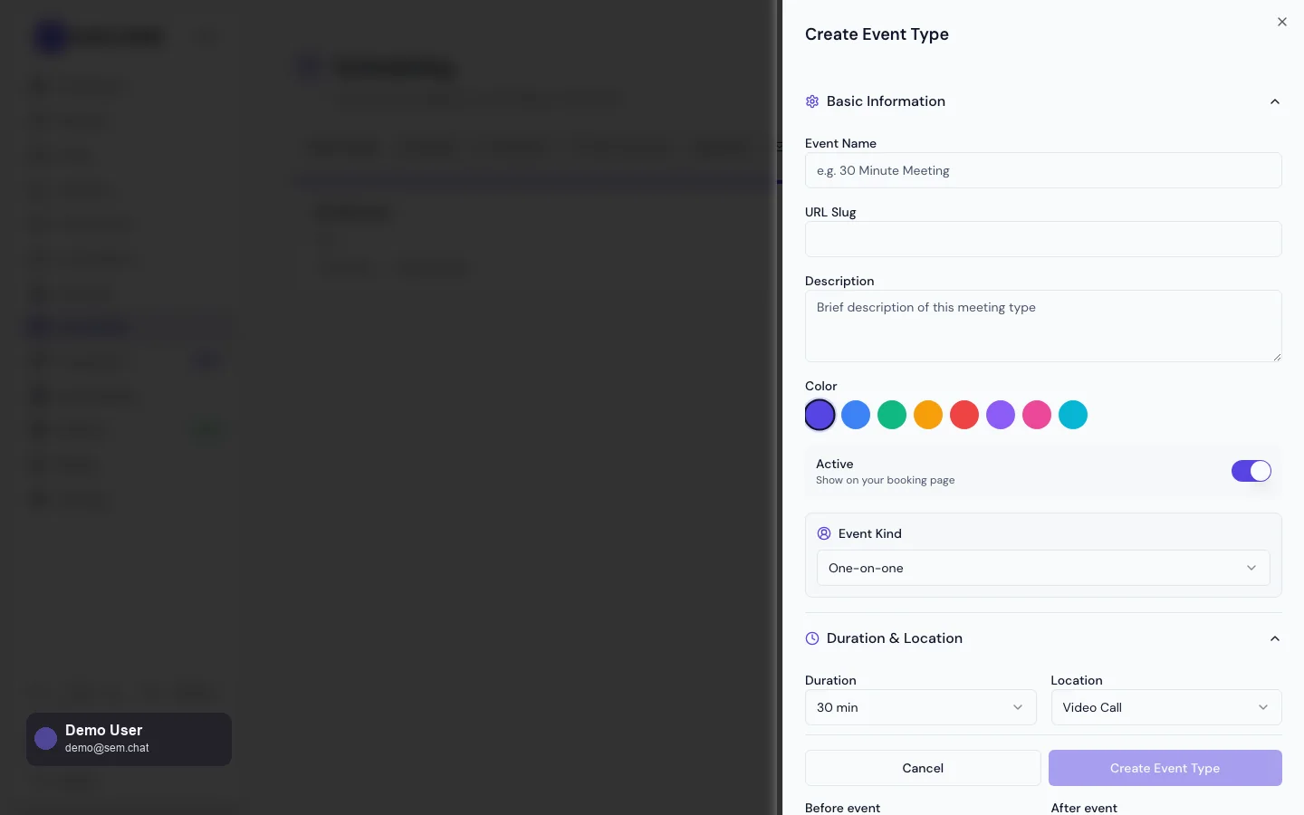 Echter sem.chat Demo-Arbeitsbereich-Screenshot des Planungsereigniseditors