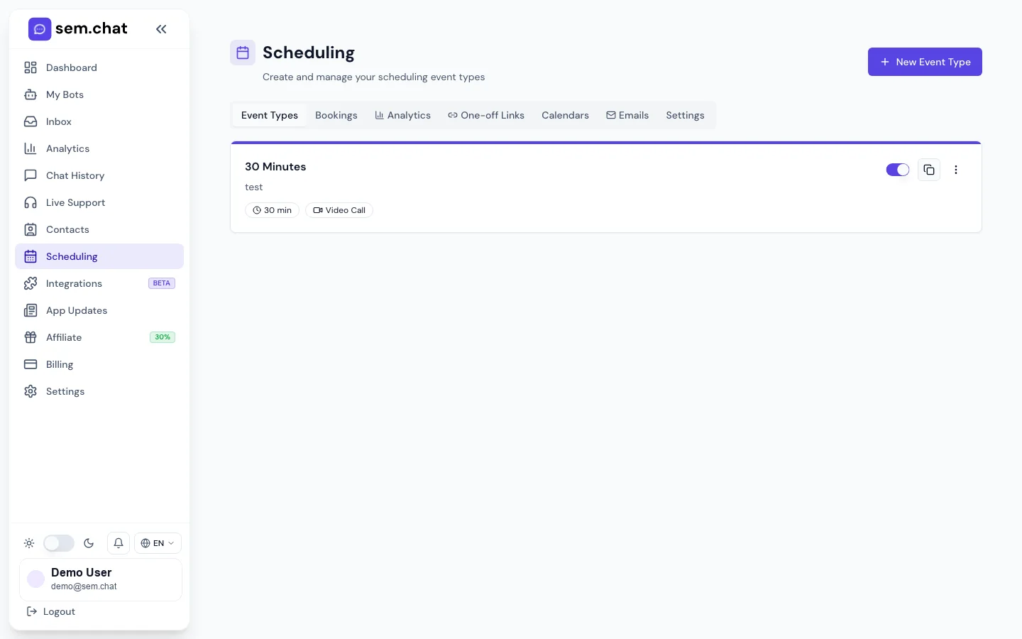 Echter sem.chat Demo-Arbeitsbereich-Screenshot von Scheduling