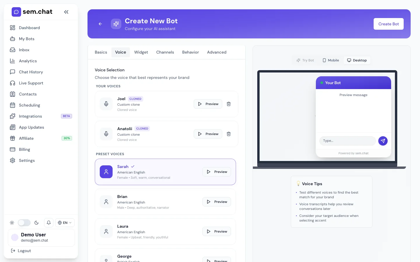 Echter sem.chat Demo-Arbeitsbereich-Screenshot der Sprach- und Avatar-Einstellungen