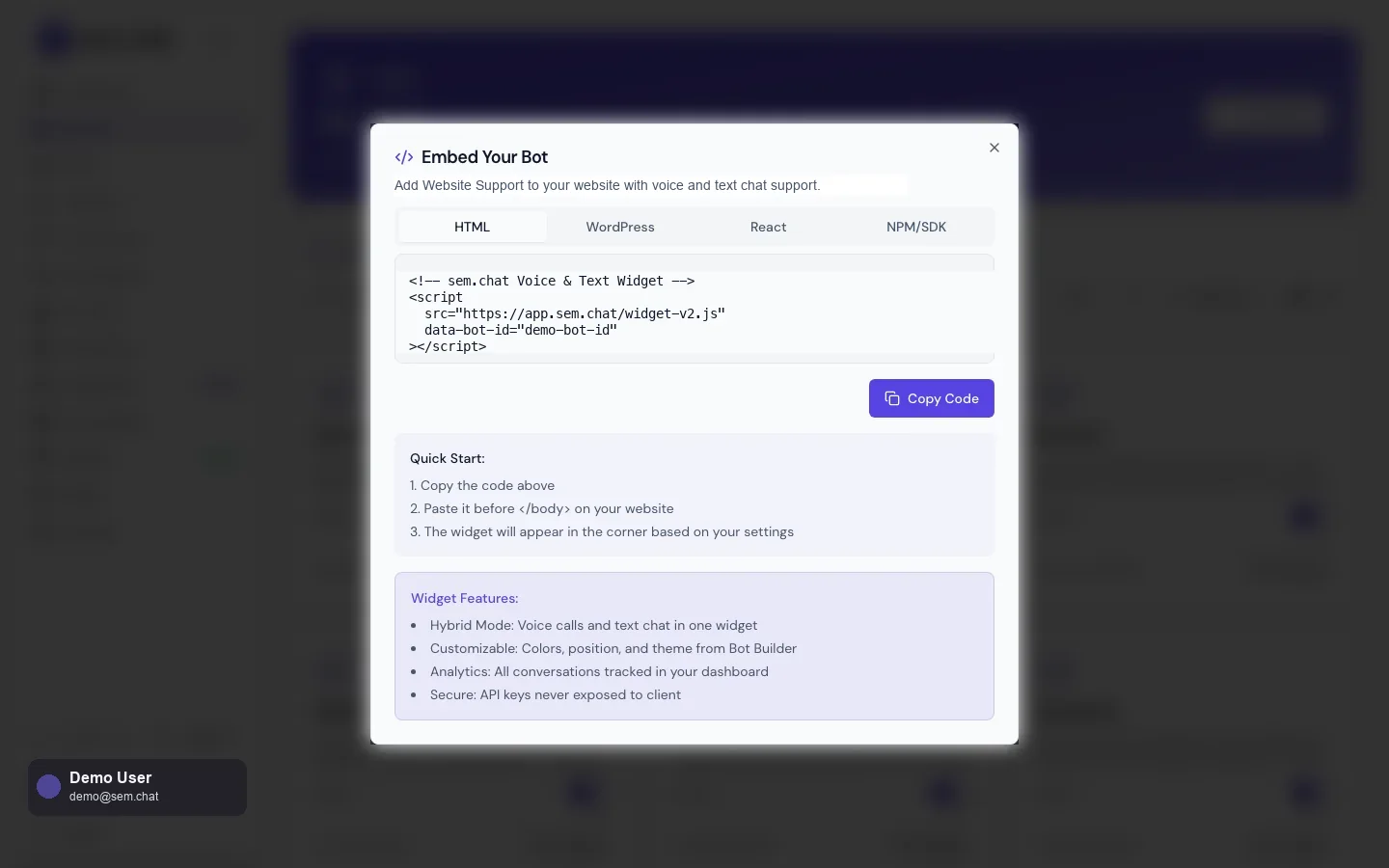 Echter sem.chat Demo-Arbeitsbereich-Screenshot für die Widget-Installation