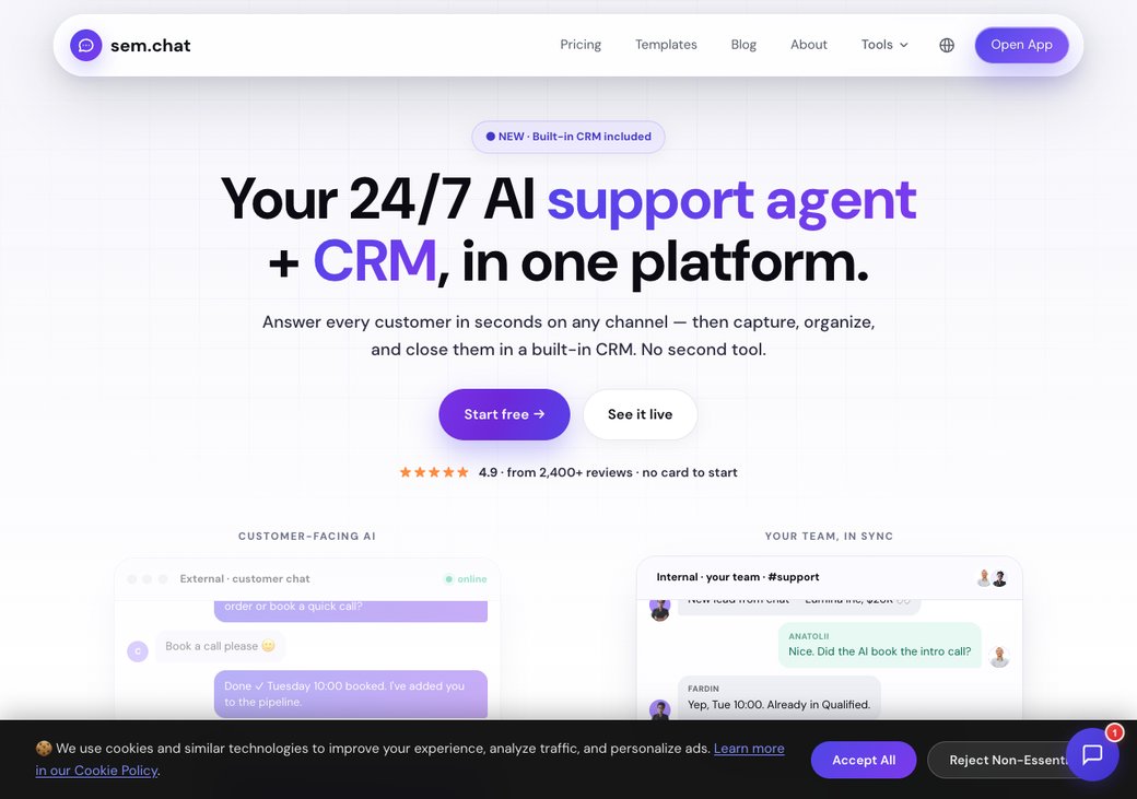 sem.chat homepage showing an AI chat widget